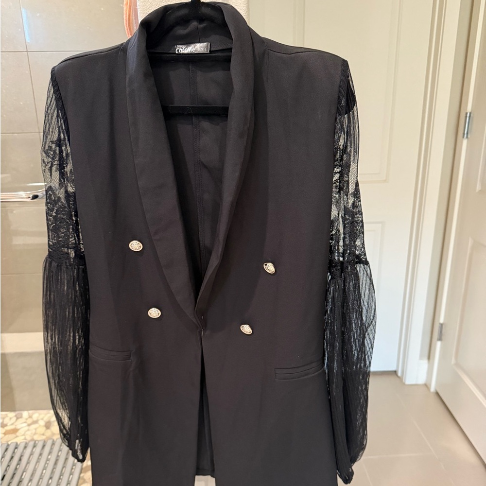 Chic Black Lace Sleeve Women's Blazer with Lacey sleeves